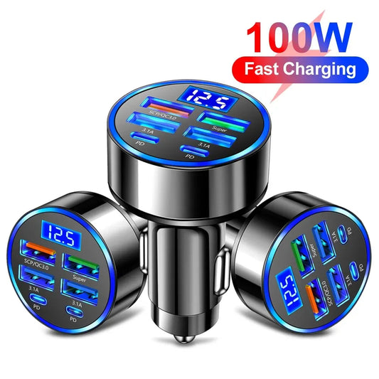 100W 6 Ports Car Fast Charging PD QC3.0 USB C Car Phone Charger Type C